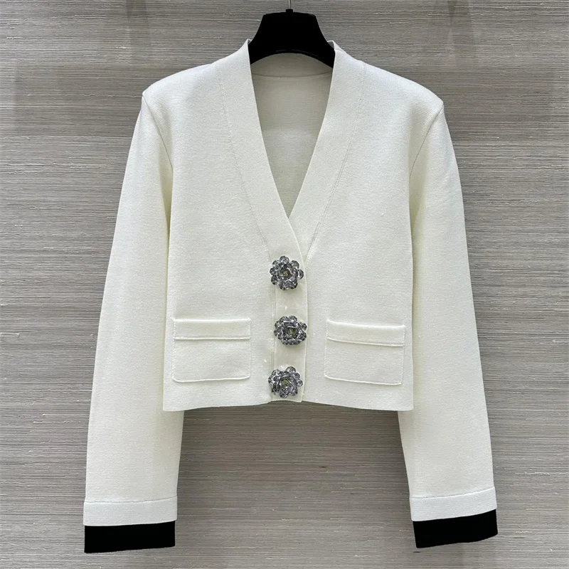 Cardigan for women 2024 autumn new in outerwears Sparkling crystal button decoration V-neck long sleeved top wool blend knitwear