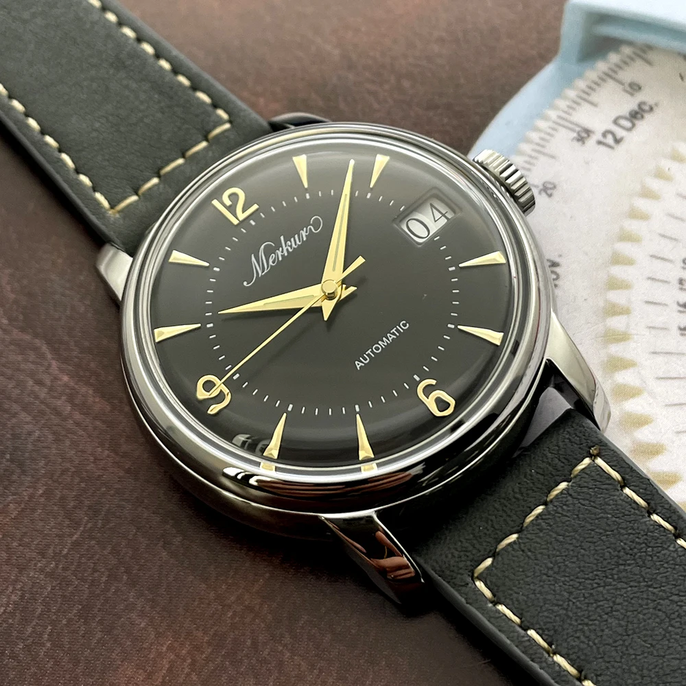 Новые деловые часы Merkur с автоматическим механическим механизмом, отличный календарь с сапфировым стеклом, классический 38 мм с сапфировым стеклом, Relogio Masculino