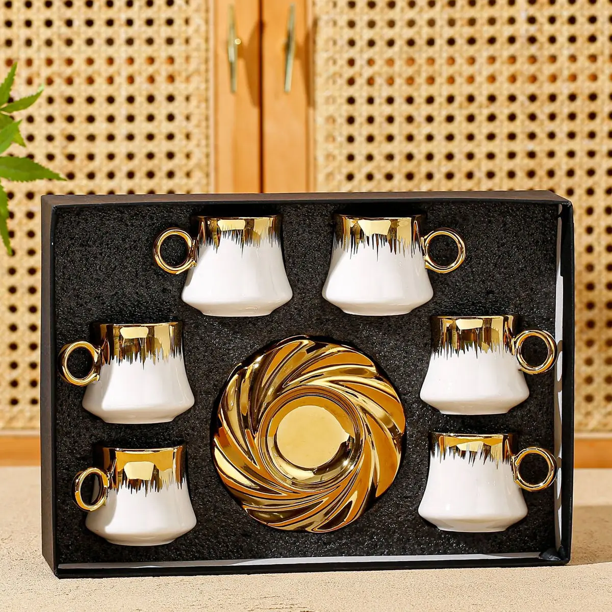

Turkish Coffee Cup Set of 6 with Saucers & Tray - Luxury Arabic Greek Japanese Golden Ceramic Tea Cups for Espresso