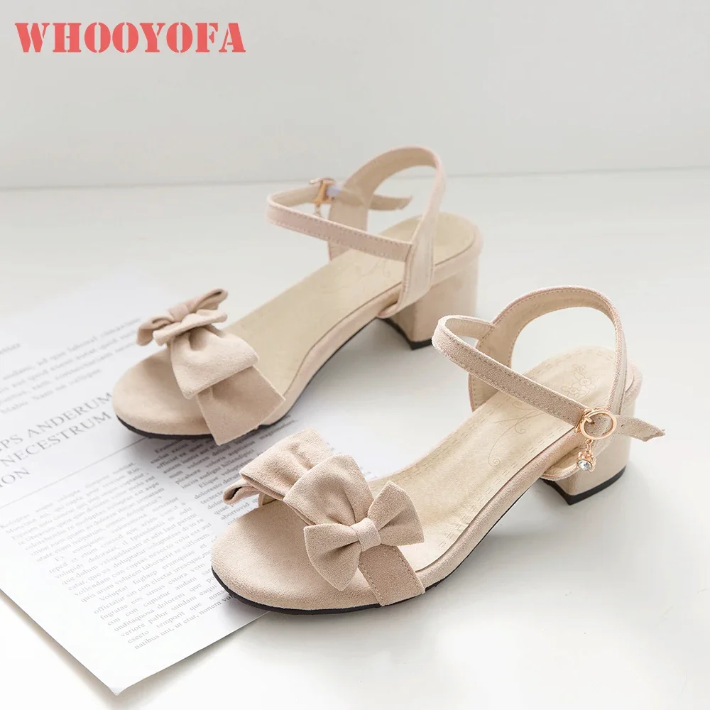 

Brand New Sweet Black Beige Women Sandals Flock Med Chunky Heel Office Lady Nude Shoes Plus Big Small Size 31 43 47 52