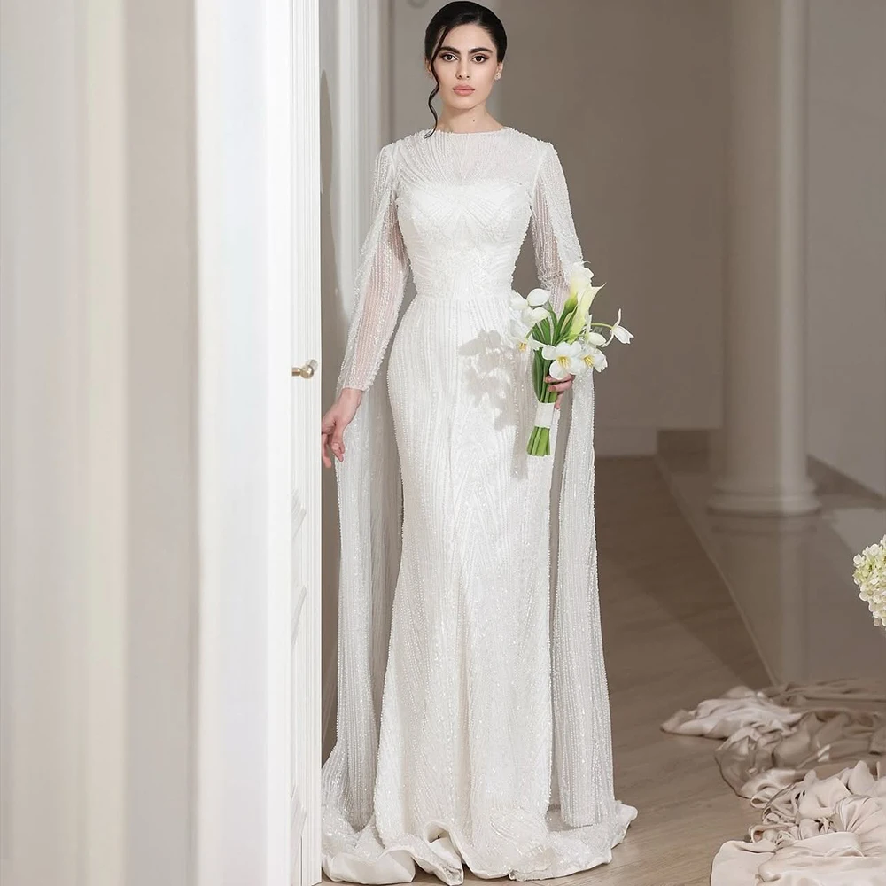

Luxury Wedding Dresses with Cape O-Neck Long Sleeve Mermaid Bride Dress Sweep Train Garden Bridal Gown Customized robe de mariée