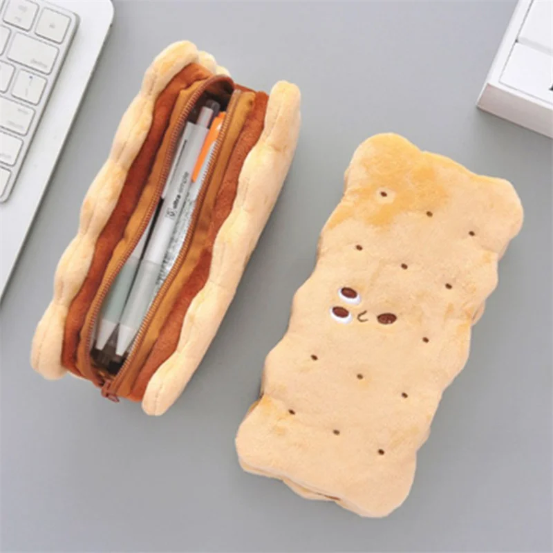 Kawaii Pencil Case High Capacity Plush Cookies Pen Bags Cute Cartoon Brown Pen Box Girls Office School Supplies Stationary