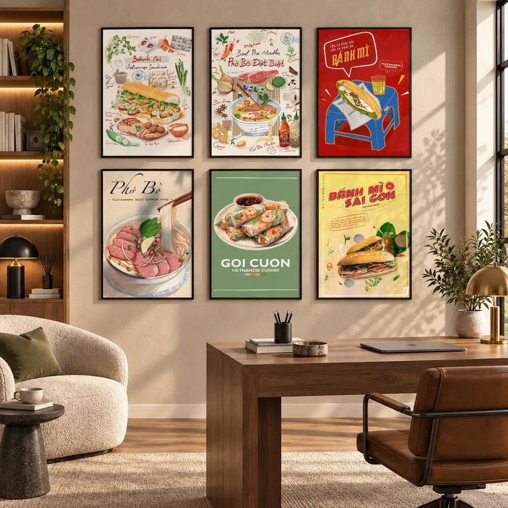 Vietnam Food Art Prints Banh Mi Pho Poster Home Living Bed Room Bar Hallway Sticky Wall Art Printing Waterproof Aesthetic Decor