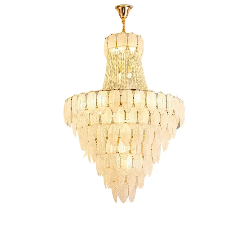 

French light luxury feather living room chandelier, duplex villa empty living room chandelier, crystal staircase lamp