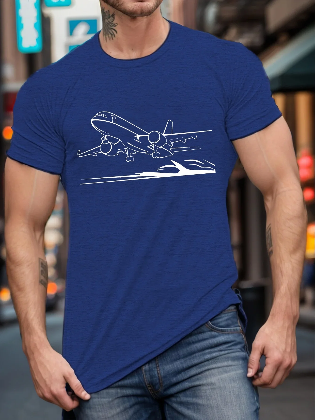 Fashion New Men Airplane Landing Line Print T-Shirt Aviation Pilot Theme Crew Neck Short Sleeve Tops Casual Daily Streetwear