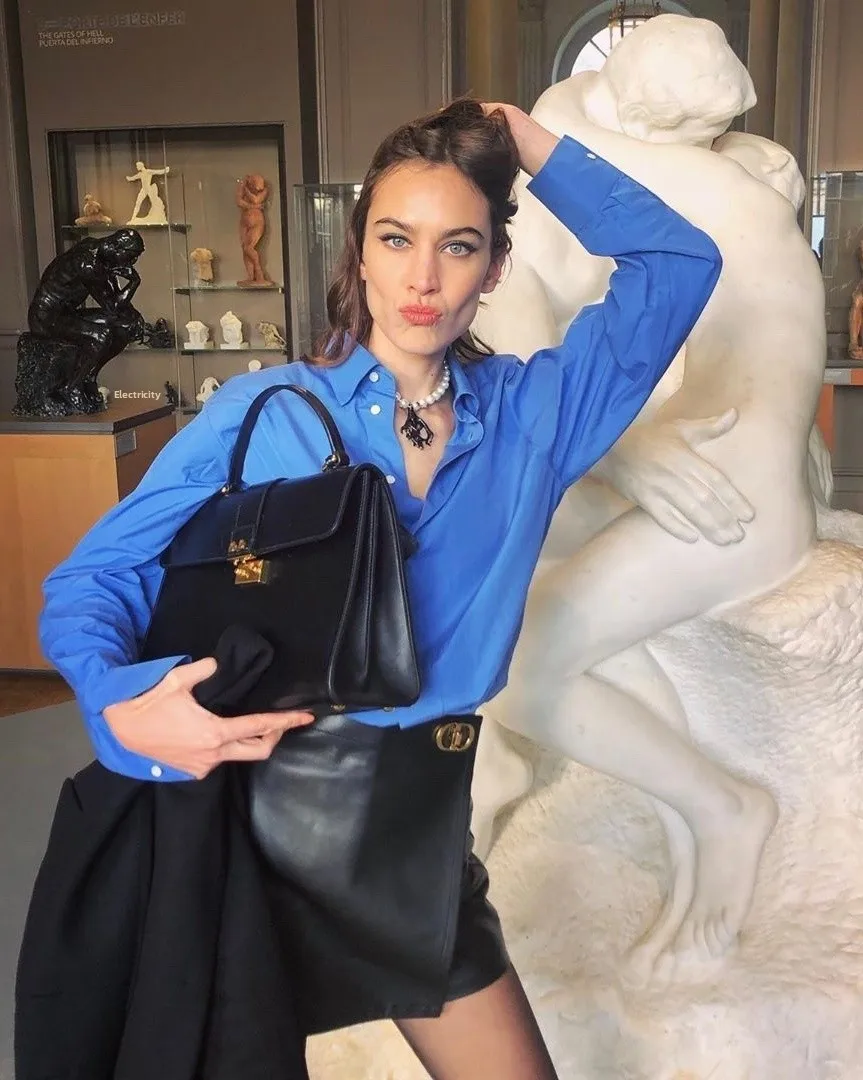 

Fashionable High-Quality Cotton Long-Sleeve Shirt for Women Elegant Office Lady Blue Color Design Sensation Naturaleye Brand