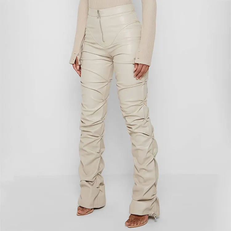 Fashion Trend 1PC Brown Faux PU Leather Pleated High Waist Stacked Pants Women Slim Hipster Street Style Long Trousers Female view 3