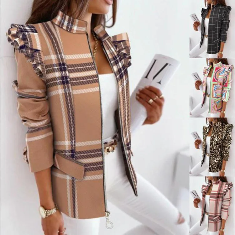 

European and American fashion explosions autumn and winter ruffled long-sleeved zipper printed suit small coat women's clothing