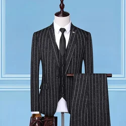 2025 Suit (suit + Vest + Trousers) Single Button Fashion Business Vertical Stripe Gentleman Suit Korean Suit Three-piece Suit