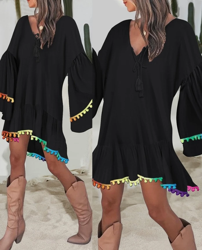 

Color blocked V-neck bell sleeves A-line fringe mini dress for vacation, women's spring and summer long sleeved casual A-line dr