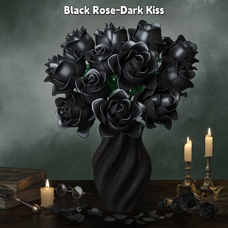 

Готический букет из черных роз из строительных блоков, 585 деталей, креативная сборная игрушка, изысканный декор для дома и праздничный подарок