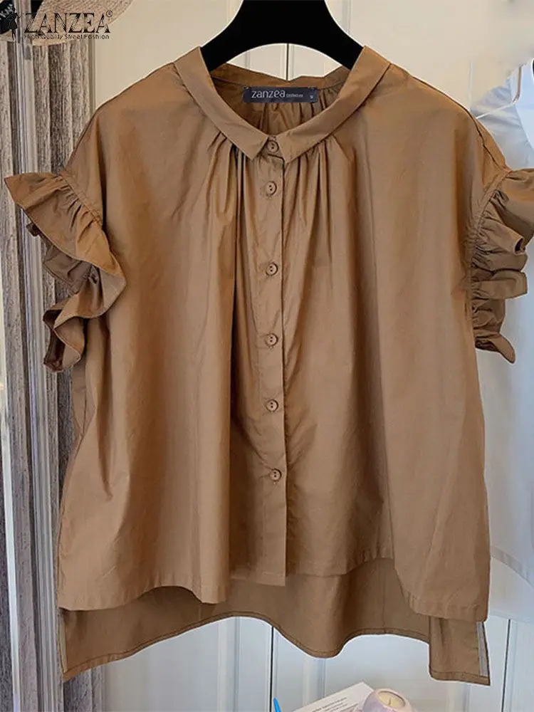 

Elegant Ruffles Hem Blouse Summer Women Tops 2024 ZANZEA Stylish Solid Buttons Down Shirt Casual Short Sleeve OL Work Blusas