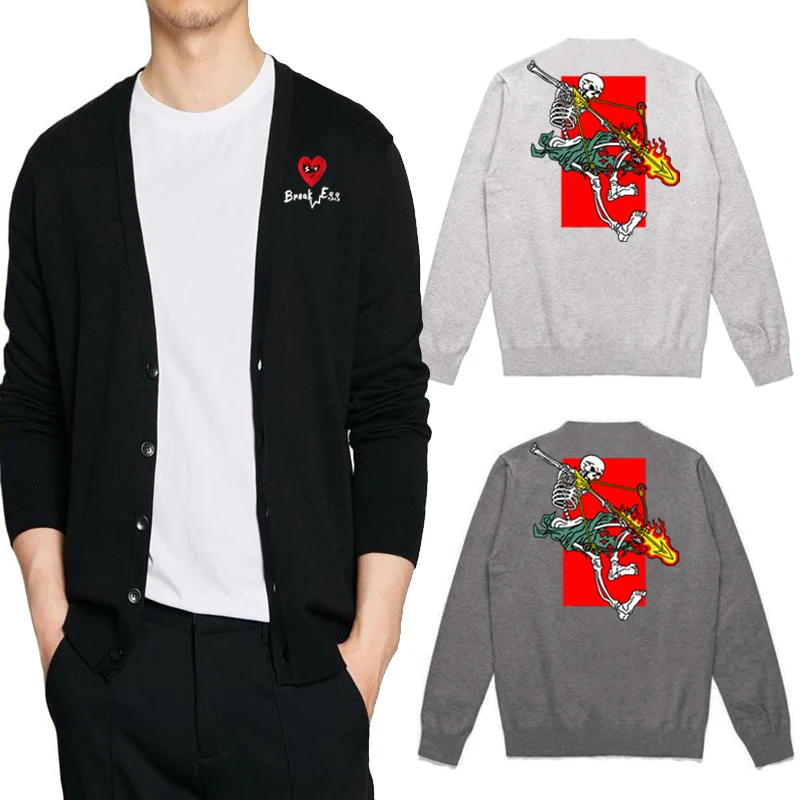 

Break Egg Men Cardigan Heart Glasses Embroidery Back Skull Warrior Printing Cotton V-neck Single-breasted Autumn Casual Sweater