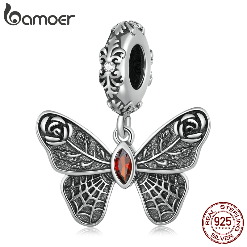 

BAMOER Silver Dark Vintage Butterfly Pendant 925 Sterling Silver Red Ruby Charm for Original Bracelet Bangle DIY Making Jewelry