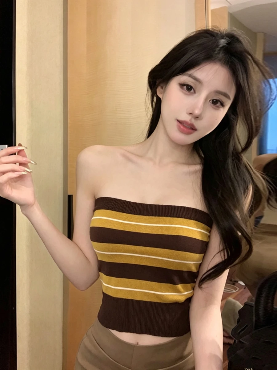 Retro Spicy Girl Design Striped Color Block Sleeveless Tube Top Short Sexy Back Show Slimming Trendy Top Women's Knitted Crop...