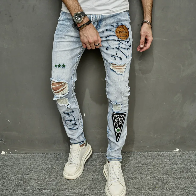 

Men's Fashion High Street Destroyed Jeans Pants With Patches Streetwear Ripped Denim Trousers Slim Fit Stretchy With Holes