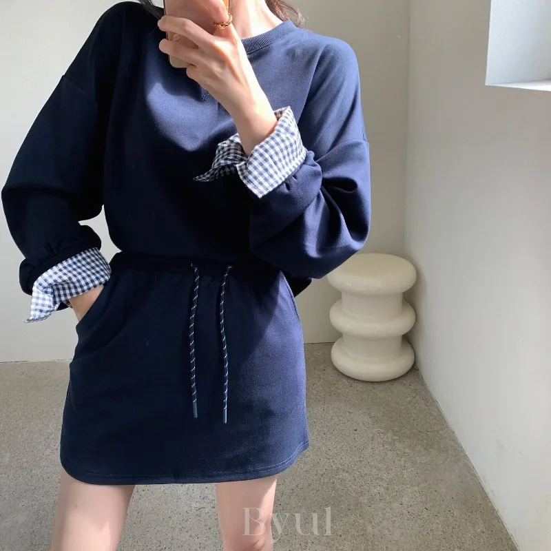 Neploe Korean Chic Simple Casual Suits Femme Fake Two Piece Checkered Splicing Loose Versatile O-Neck Hoodie High Waist Skirt