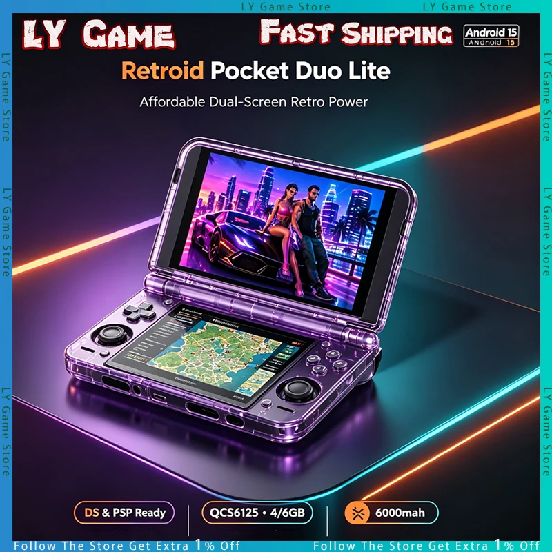 Retroid Pocket Duo Lite Clamshell Dual Screen Handheld QCS6125 6GB 128GB Android 15 60Hz TFT 6000mAh 18W DS PSP Retro Emulator