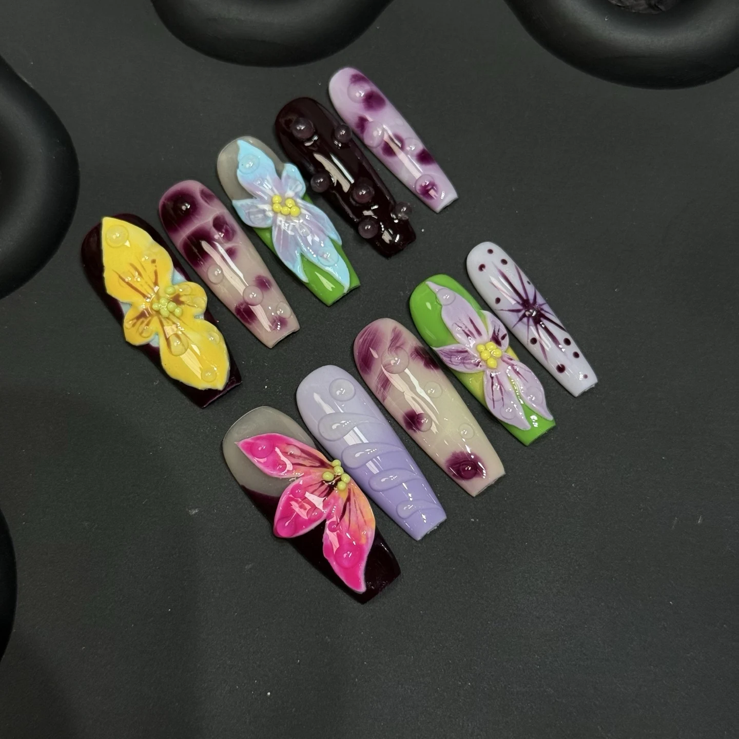 

10pcs Handmade Press on Nails Colorful Long Ballet False Nail Art 3D Flower Rhinestone Nails Tips Reusable Square Fake Nail Sets