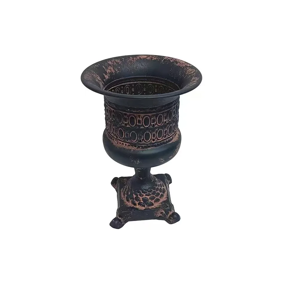 Vintage European Iron Urn Planter with Cast Iron Base, Distressed Black Brown Metal Flower Vase for Tabletop Home Garden Decor