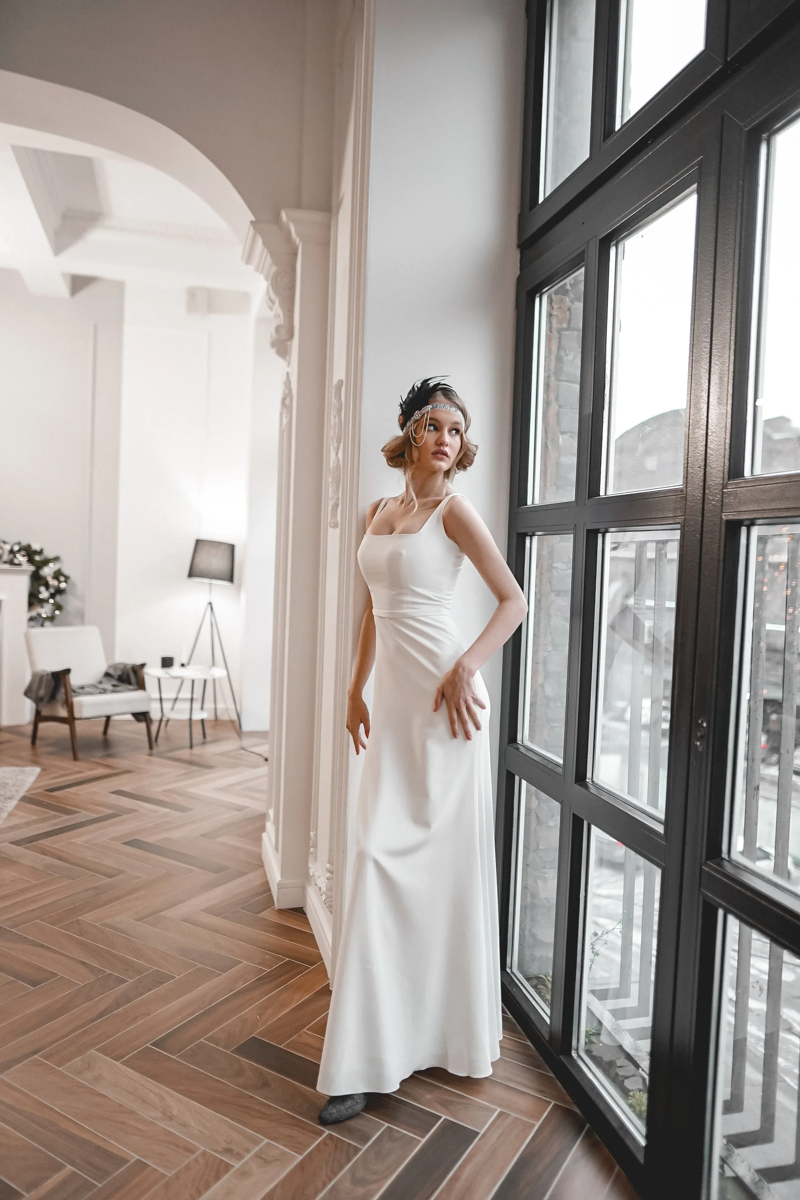 

White elegant tight square neck Italian wide shoulder strap floor-length bridal wedding beach garden photography outdoors