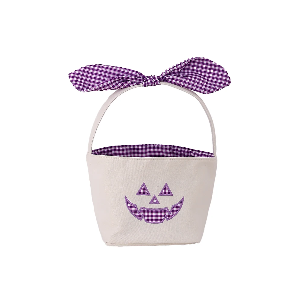 Kleiner Kürbis-Halloween-Korb aus Segeltuch, Süßigkeiten-Eimer mit Gingham-Schleifengriff für Kinder, Trick-or-Treat-Party-Dekoration – Detail 7
