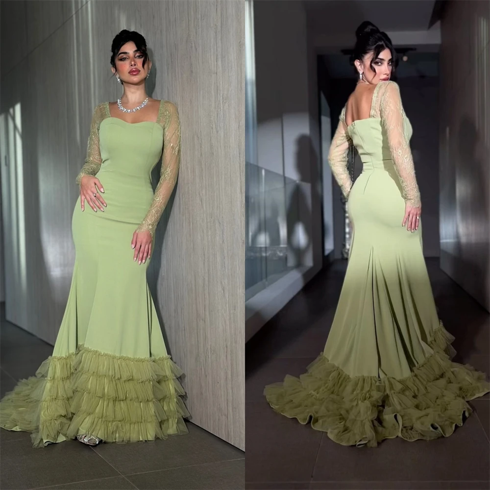 

Customized Saudi Arabia Prom Dress Formal Sheer Straps Mermaid Floor Length Layered Lace Bespoke Occasion Dresses Evening Gown