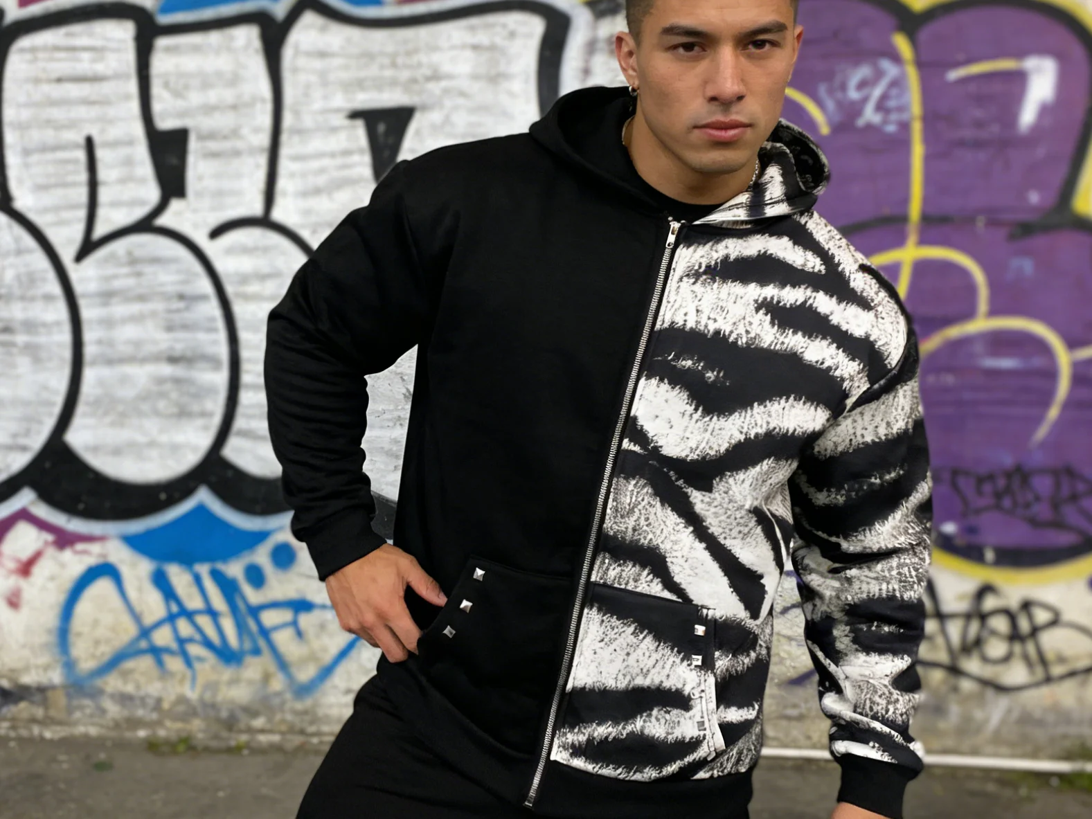 

American-style Digital Print Zebra Retro Design Hoodie Fashionable Loose Hip-hop Sweater