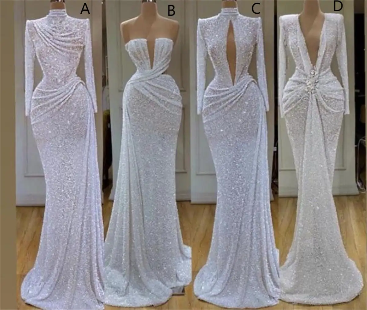 Vestidos de noite sereia com lantejoulas brancas Glitter, Ruched Robe, Manga comprida personalizada, Vestido de baile, Desgaste formal, Gola alta