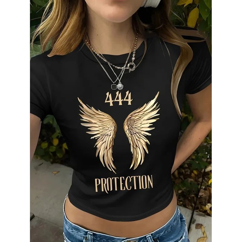 Black Women Slim Crop Top 444 Angel Wings Protection Print Short Sleeve Tee