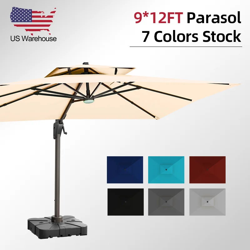 HANYI 9*12FT Rectangle Offset Market Umbrella Led Light Outdoor Terrace Patio Cantilever Umbrella With Base