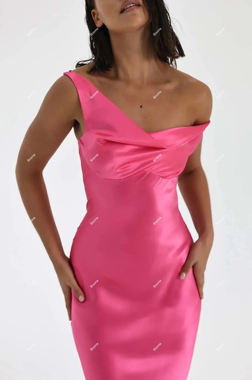 Booma Neon Pink Satin Mermaid Evening Dresses One Shoulder Asymmetrical Wedding Guest Dress for Women Long Party Prom Gowns