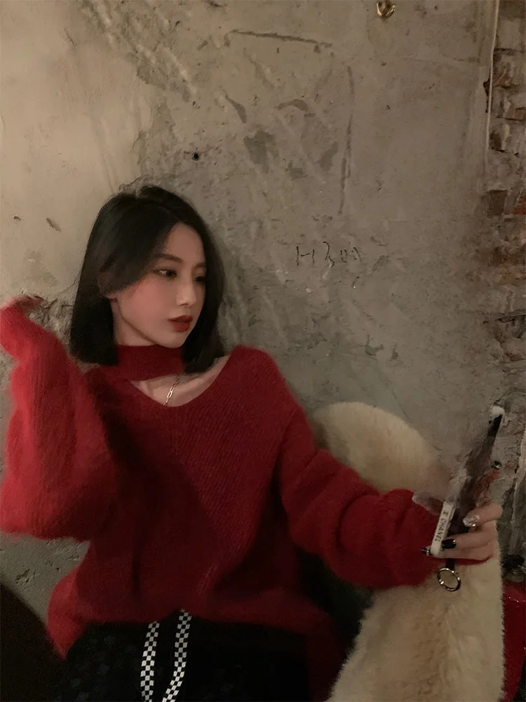 

MLS Vintage Red Hollow out Ne Sweater Women's Autumn Spring Loose Sexy Knitted irt V-Ne Long Sve Regular Fit Pure Color