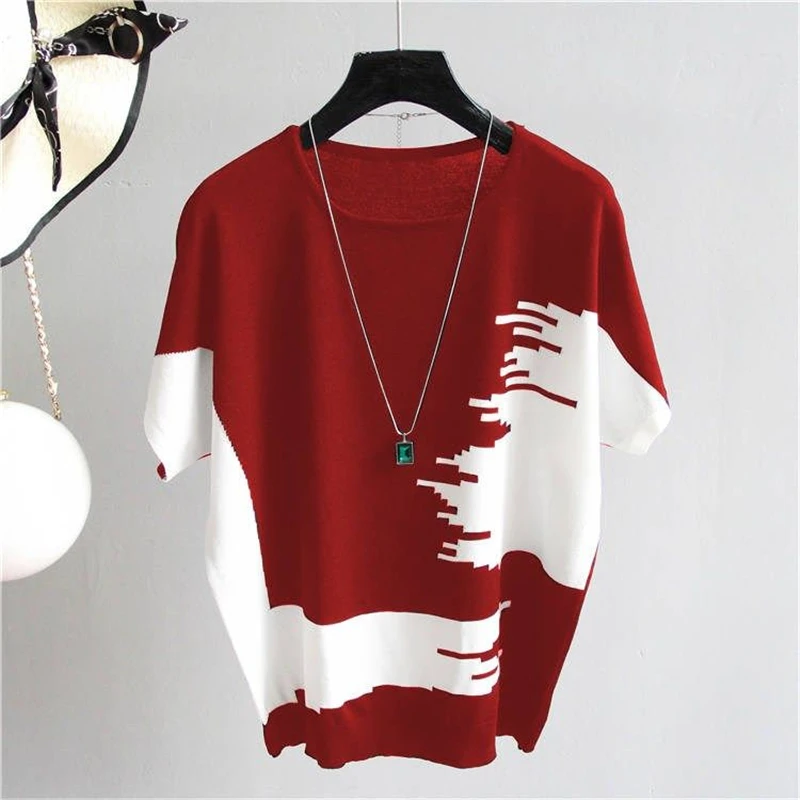 Women's Clothing Simple Patchwork Elegant Ice Silk Knit T Shirt Summer Trendy Casual Loose Round Neck Short Sleeve Pullover Tops