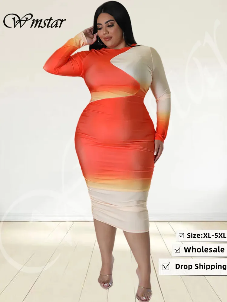 Wmstar Plus Size Dresses Women Clothes Super Strech Long Sleeve Pachwork Casual Casual Maxi Dress Wholesale Dropshipping 2023