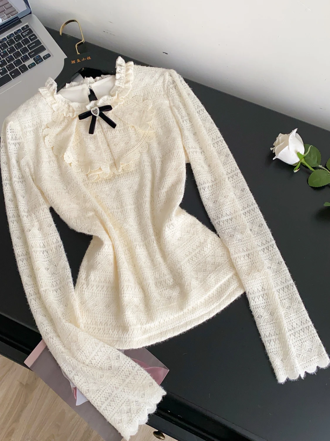 

Ele Lace Long Sve Base irt Women's Autumn Winter Knot Hemline Splicing Top Skin-friendly Breathable Loose Fit