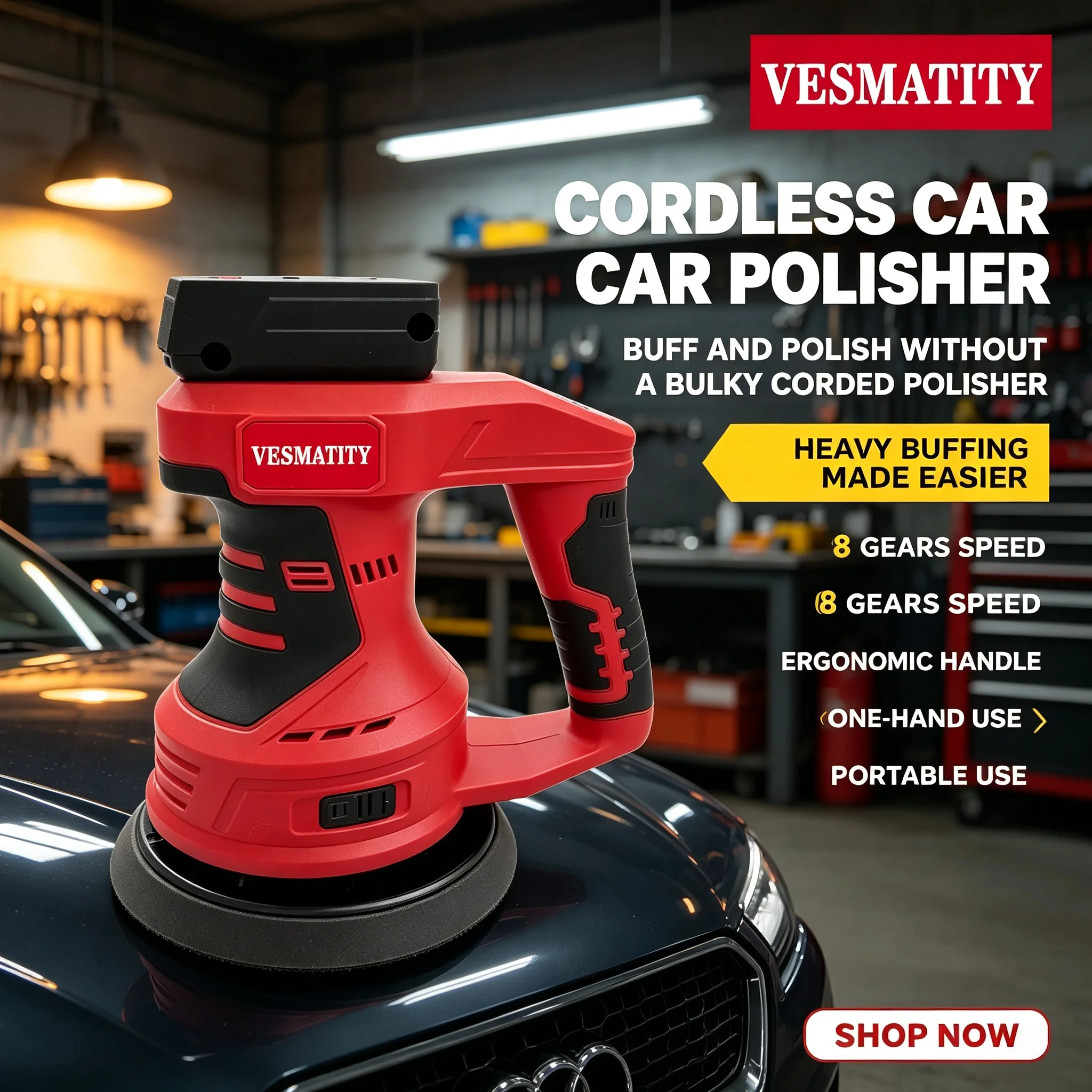 VESMATITY 8 Gears Cordless Car Polisher Brushless Electric Polishing Machine Waxing Sealing Sanding Power Tools Fits 18V Battery