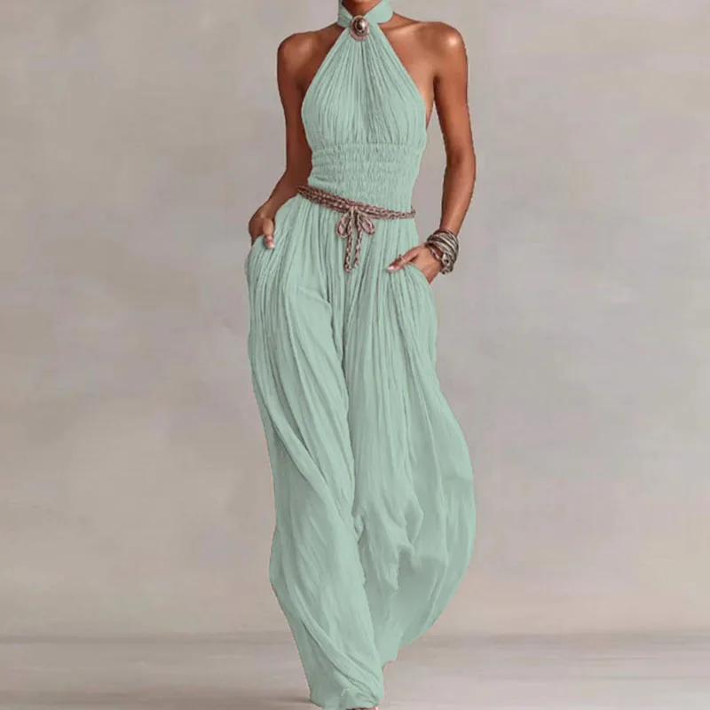 Bohemian Halter Hollow Vacation Jumpsuit Spring Solid Backless Pleated Women's Rompers Summer Sleeveless Wide Leg Pants Overalls