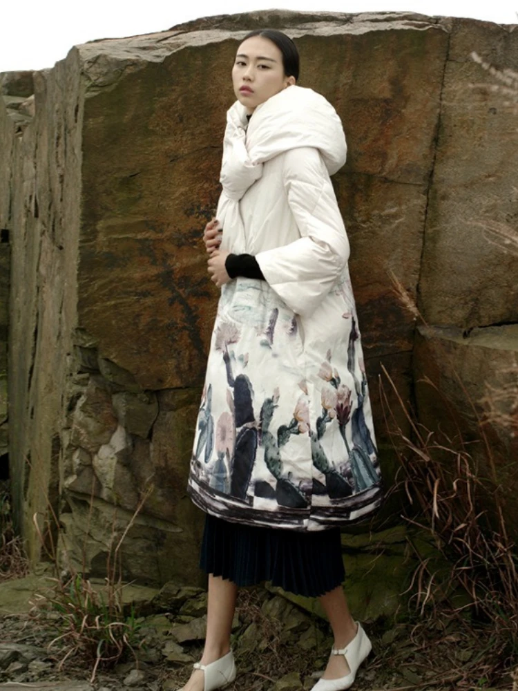 Winter Warm Down Jacket Hooded Scarf Women's Thick White Duck Down Coat High-Quality Design Outerwear Printed Puffer Jacket New