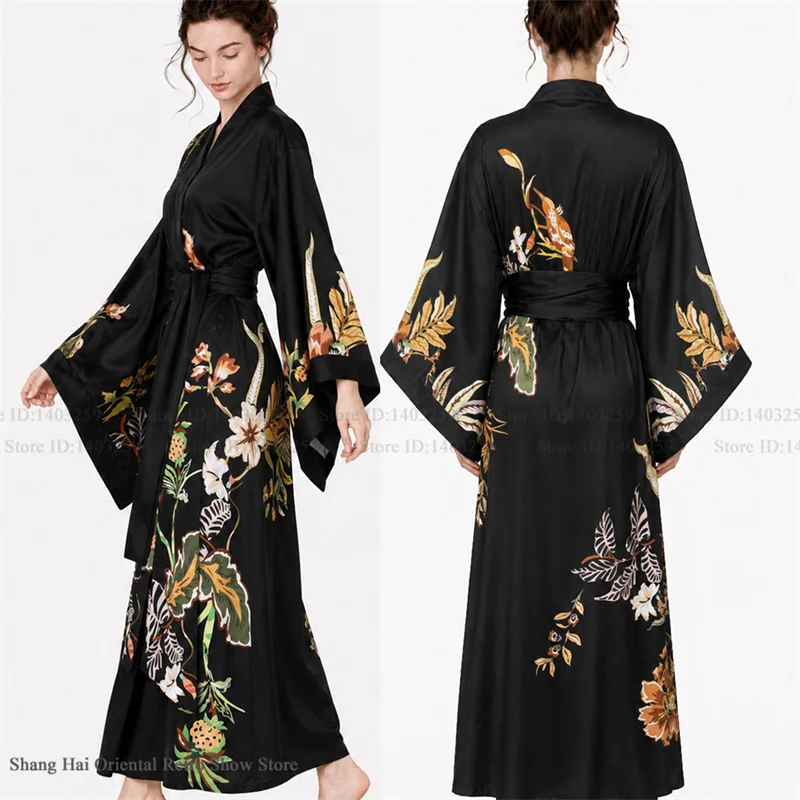 Print Flower Female Long Robe Big Sleeve Kimono Bathrobe Gown Spring Summer Silk Satin Sleepwear Night Dress Loose Homewear image 2