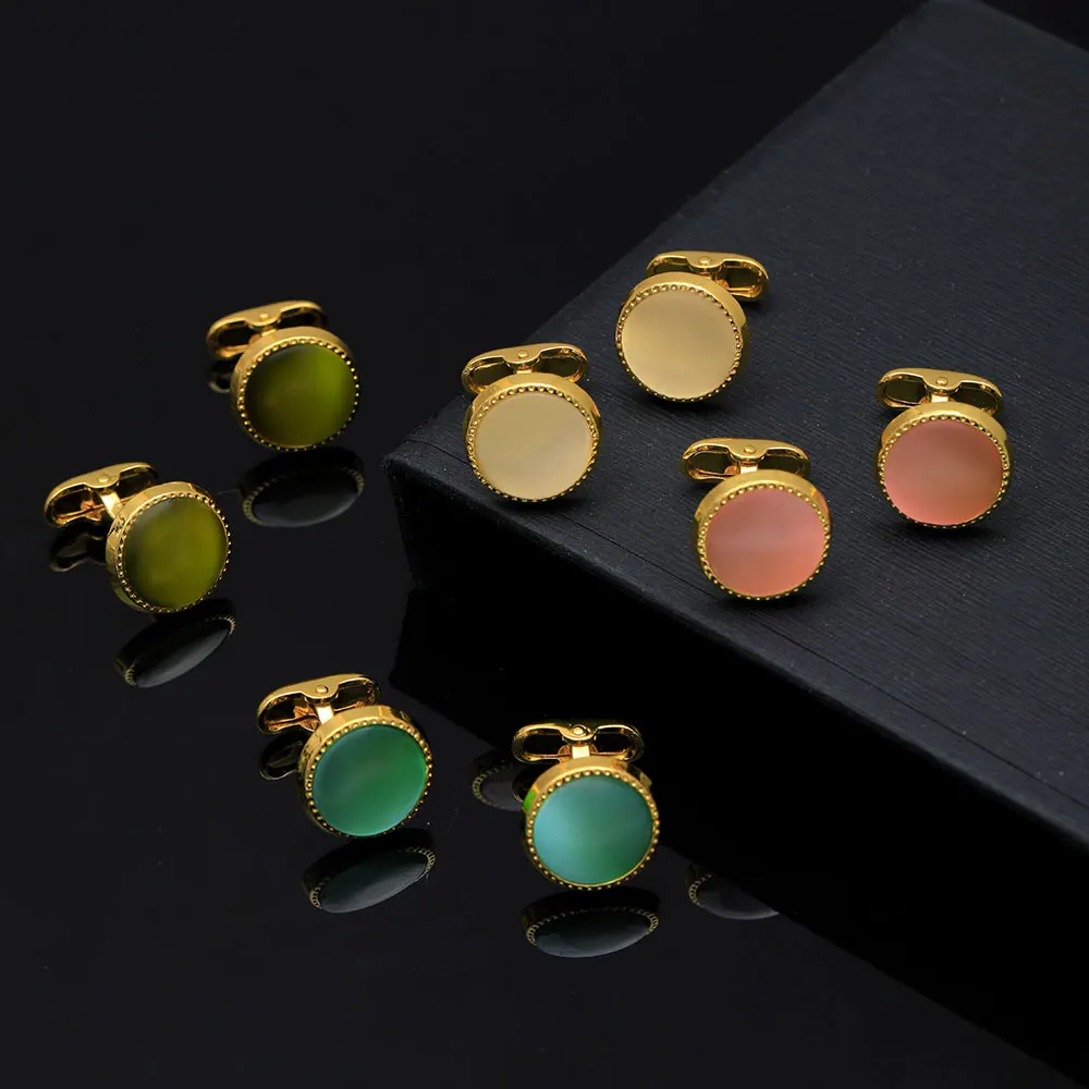 2Pcs/Set Luxury Blue White Green Pink Cabochon Opal Cufflinks for Mens Brand High Quality Whale Back Closure Round Cuff Button