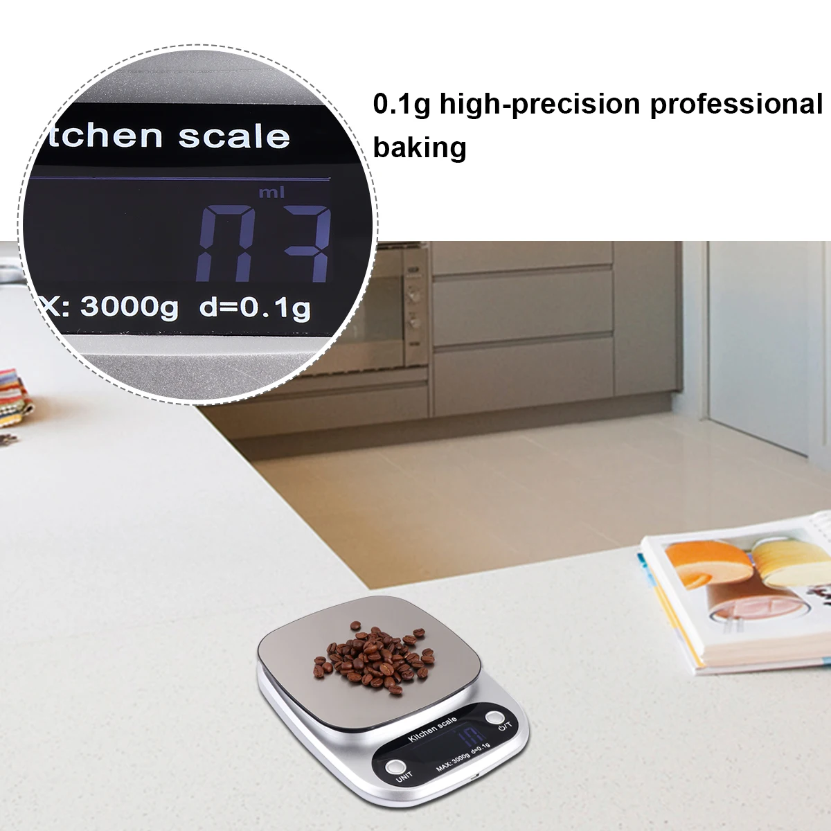 

1PC 3kg/0.1g Rechargeable Kitchen Scale Stainless Steel Accuracy LCD Display Digital Scale Measurement Tool (Silver)