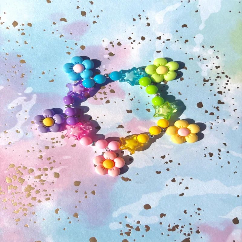 Cute Rainbow Floral Kandi Jelly Bracelet - Multicolor Flower Beads Stars Colorful Charm Jewelry