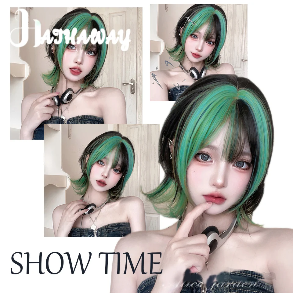 Synthetic Wig About 34 CM Black Green Gradient Wig Bangs Short Natural Straight Hair Female Wig Daily Cosplay Dress Up