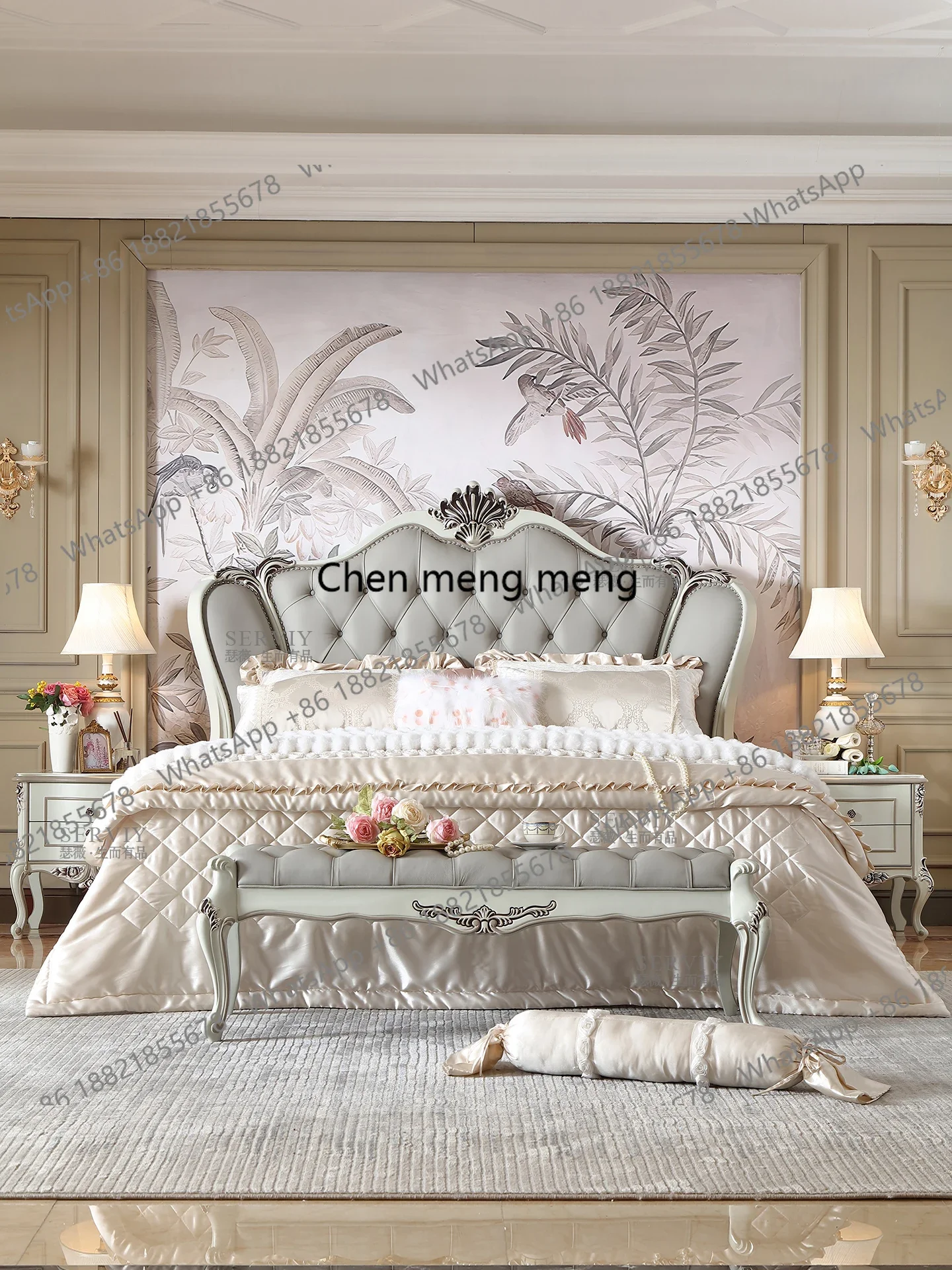 A139 French pastoral solid wood leather bed 1.8M European carved large flat master bedroom double bed