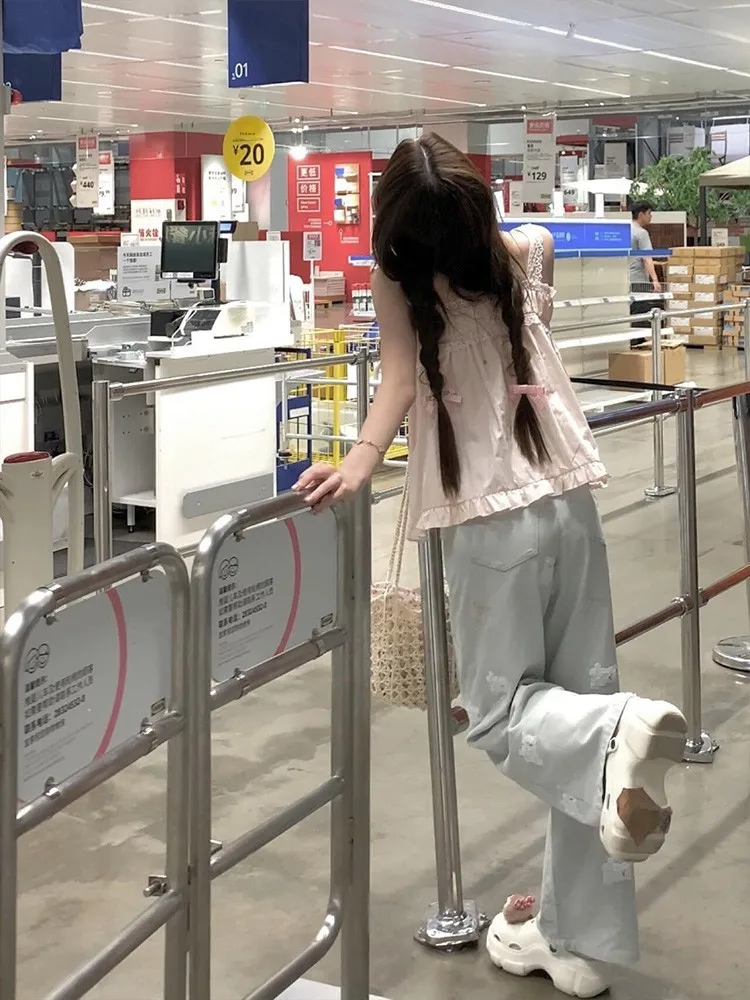 

Голубые прямые широкие джинсы с вышивкой медведя, женские весенне-осенние дизайнерские утягивающие брюки, маленькие длинные брюки