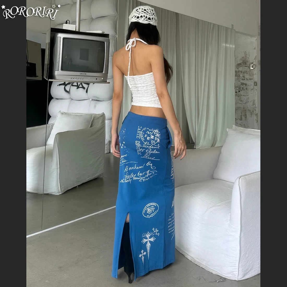 RORIRI Y2K Gyaru Harajuku Shoujo Rokken Blauw Print Brief Patroon Terug Split Rokken Elastische Taille Losse Rechte Bodems Rok