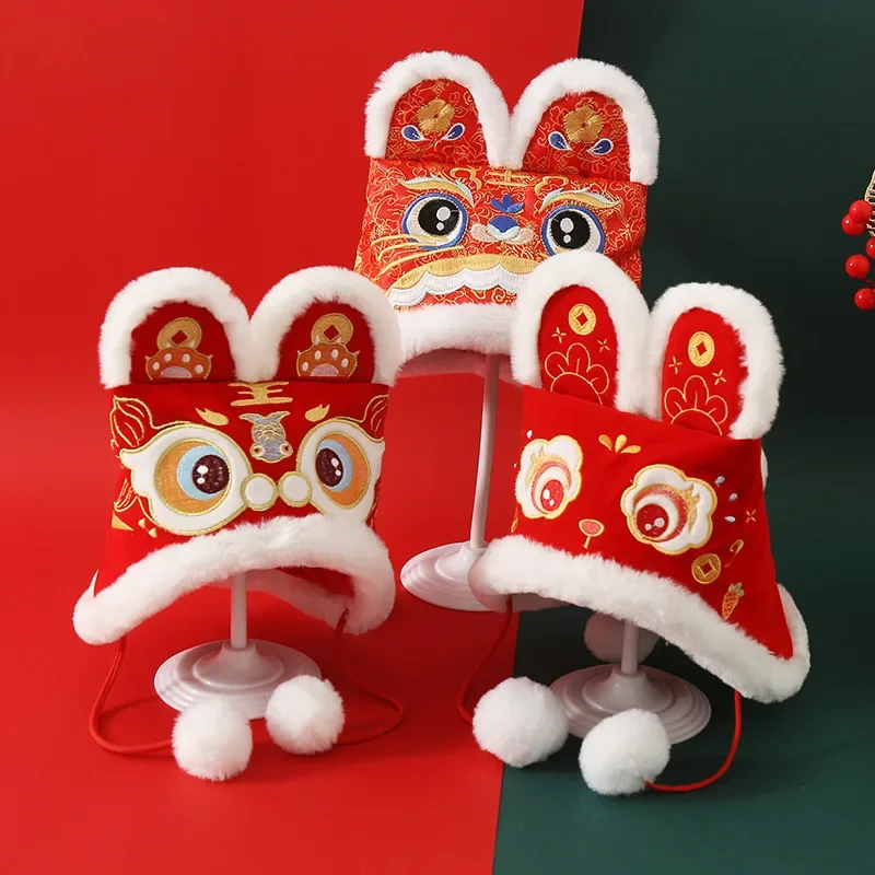 Children\'s Chinese Style Embroidered Tiger Head Hat Baby Plus Velvet Thickened New Year Tiger Hat Cartoon Hat