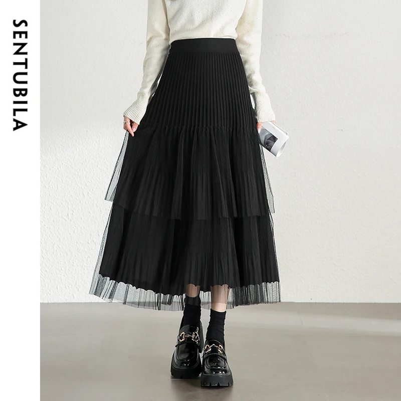 SENTUBILA Pleated Detail A-line Skirt for Women 2024 Autumn Elegant Patchwork Mesh Gauze High Waist Knit Cake Skirt W44Q57447