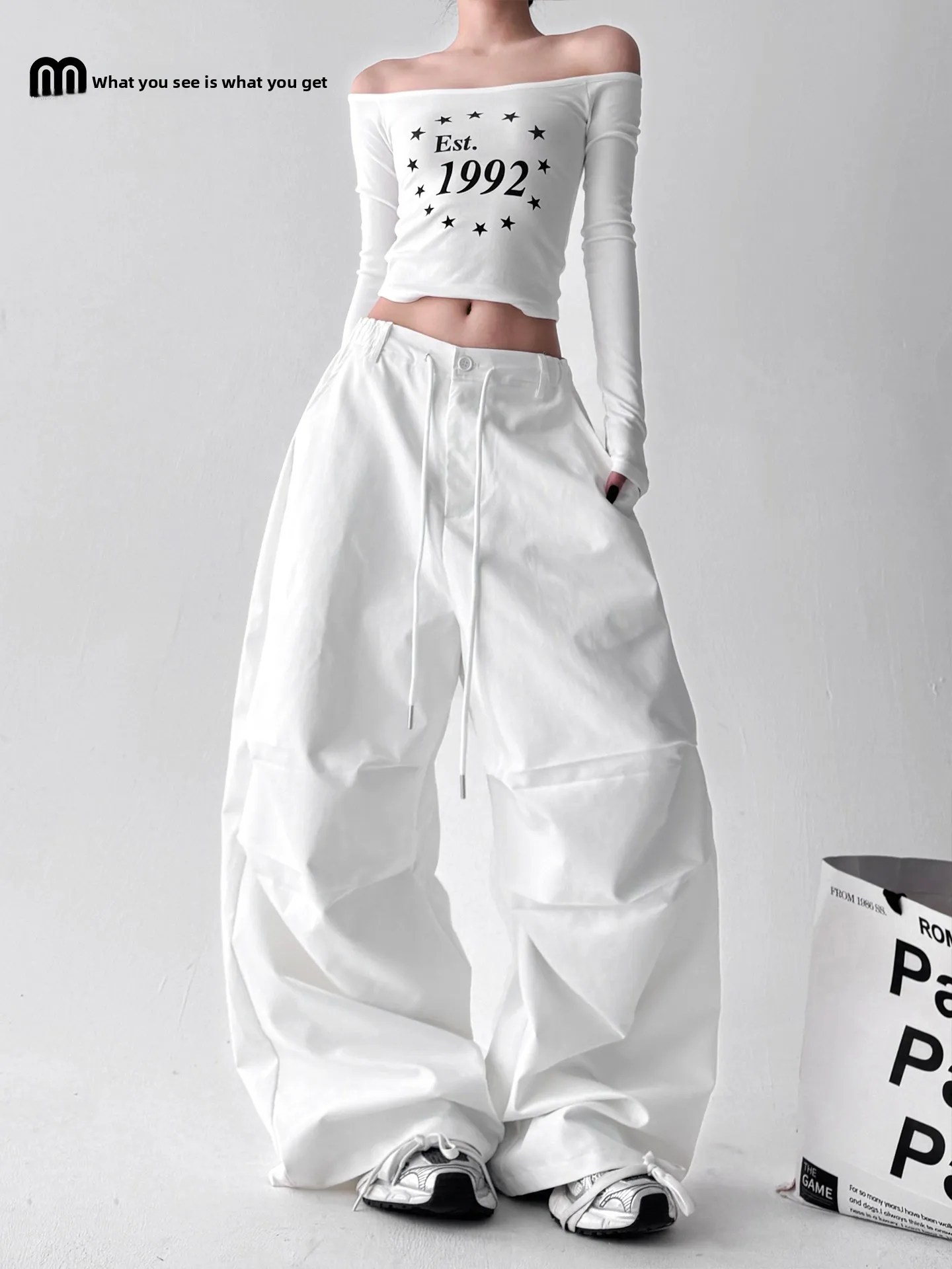 

Ретро-брюки в американском стиле для женщин, свободные, прямые, повседневные, белые, весна-осень, новинка, с высокой талией, на резинке...